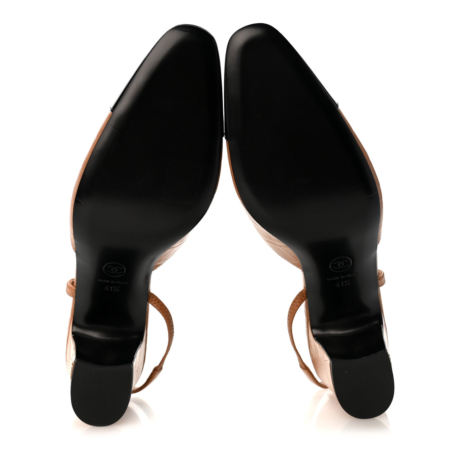 Calfskin Crocodile Embossed Patent Cap Toe CC Slingback Pumps 41.5 Light Brown Black