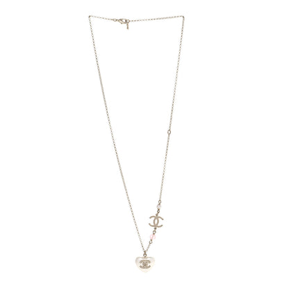 Chanel Resin Crystal CC Heart Necklace Pearly White Gold 3 of 6
