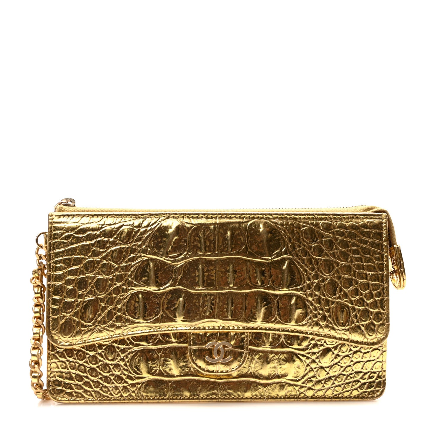 Calfskin Crocodile Embossed Cocodile Pouch With Chain Handle Gold