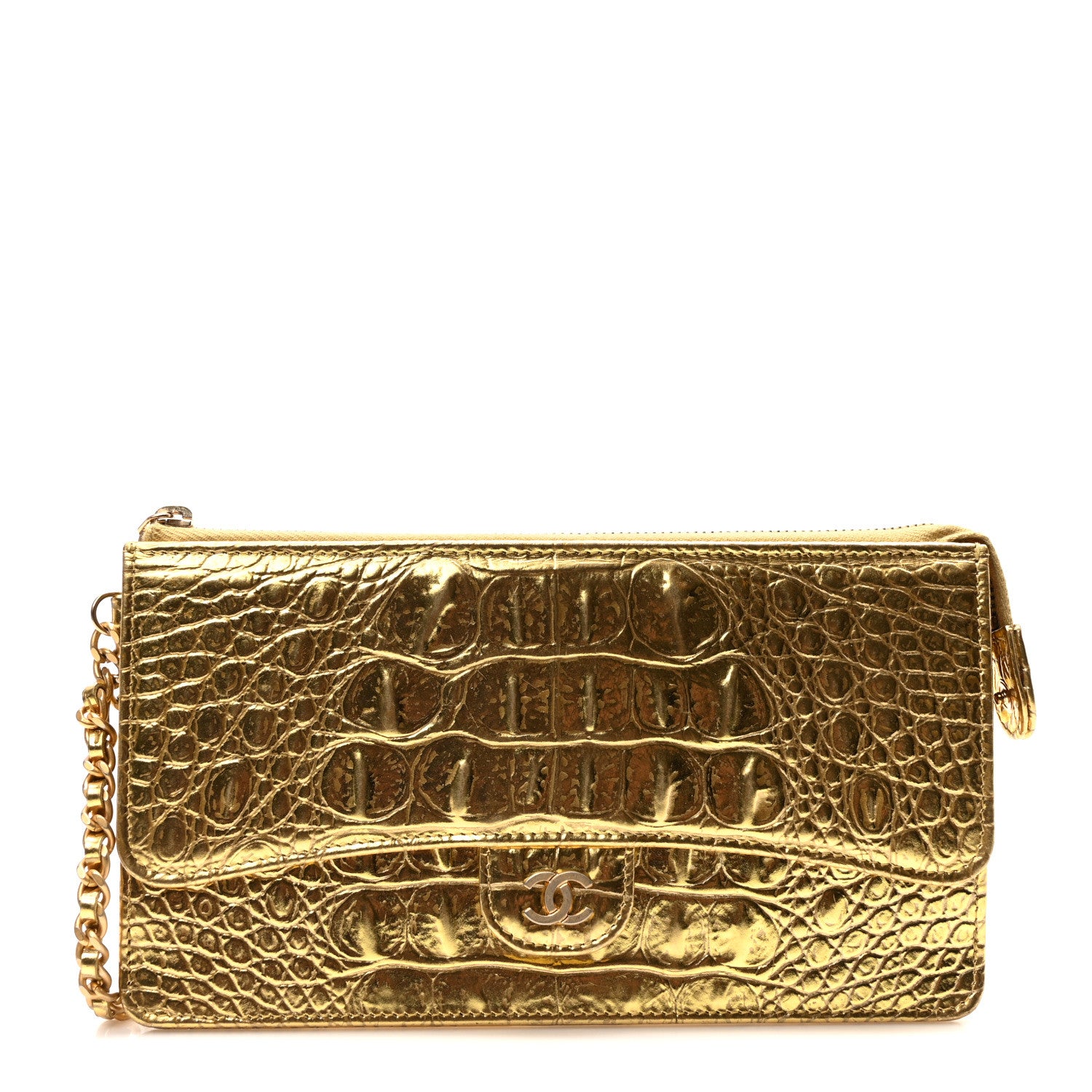Chanel Calfskin Crocodile Embossed Cocodile Pouch With Chain Handle Gold 1 of 9
