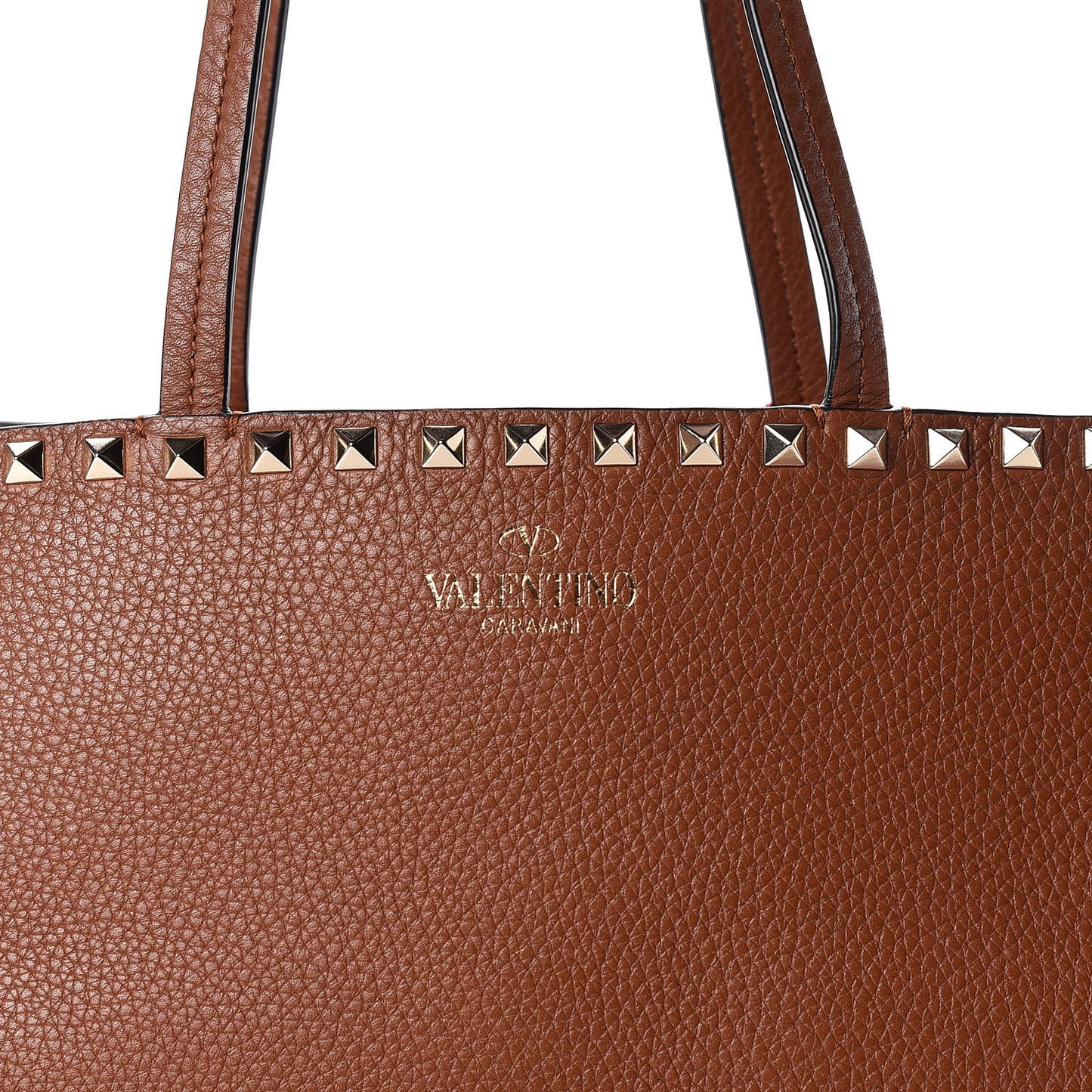 Grained Calfskin Rockstud Shoulder Tote Bright Cognac