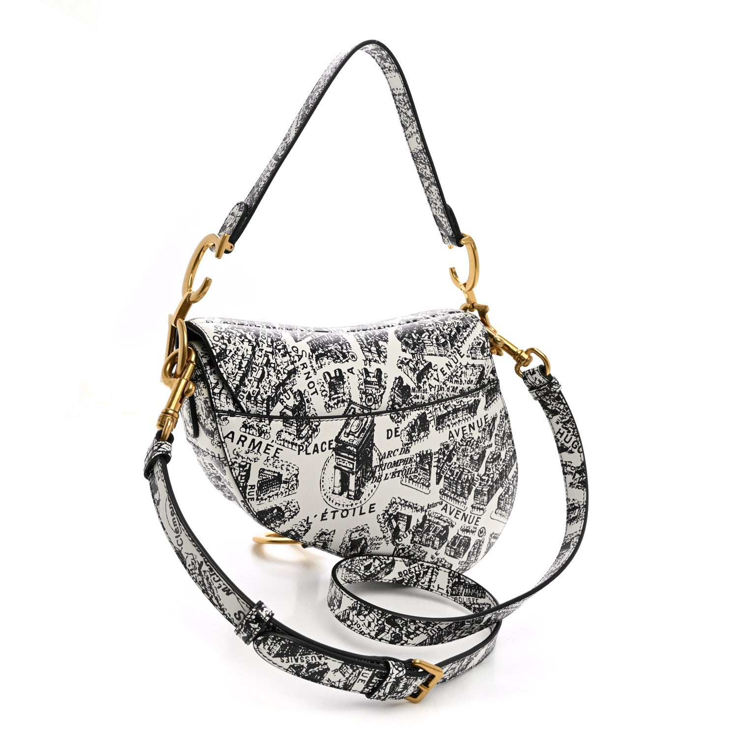 Christian Dior Calfskin Plan De Paris Printed Saddle Bag With Strap White Black 3 of 10