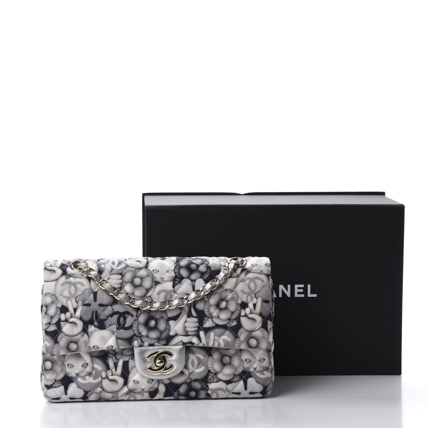 Nylon Quilted Medium Cat Emoticon Double Flap Navy Grey Ecru