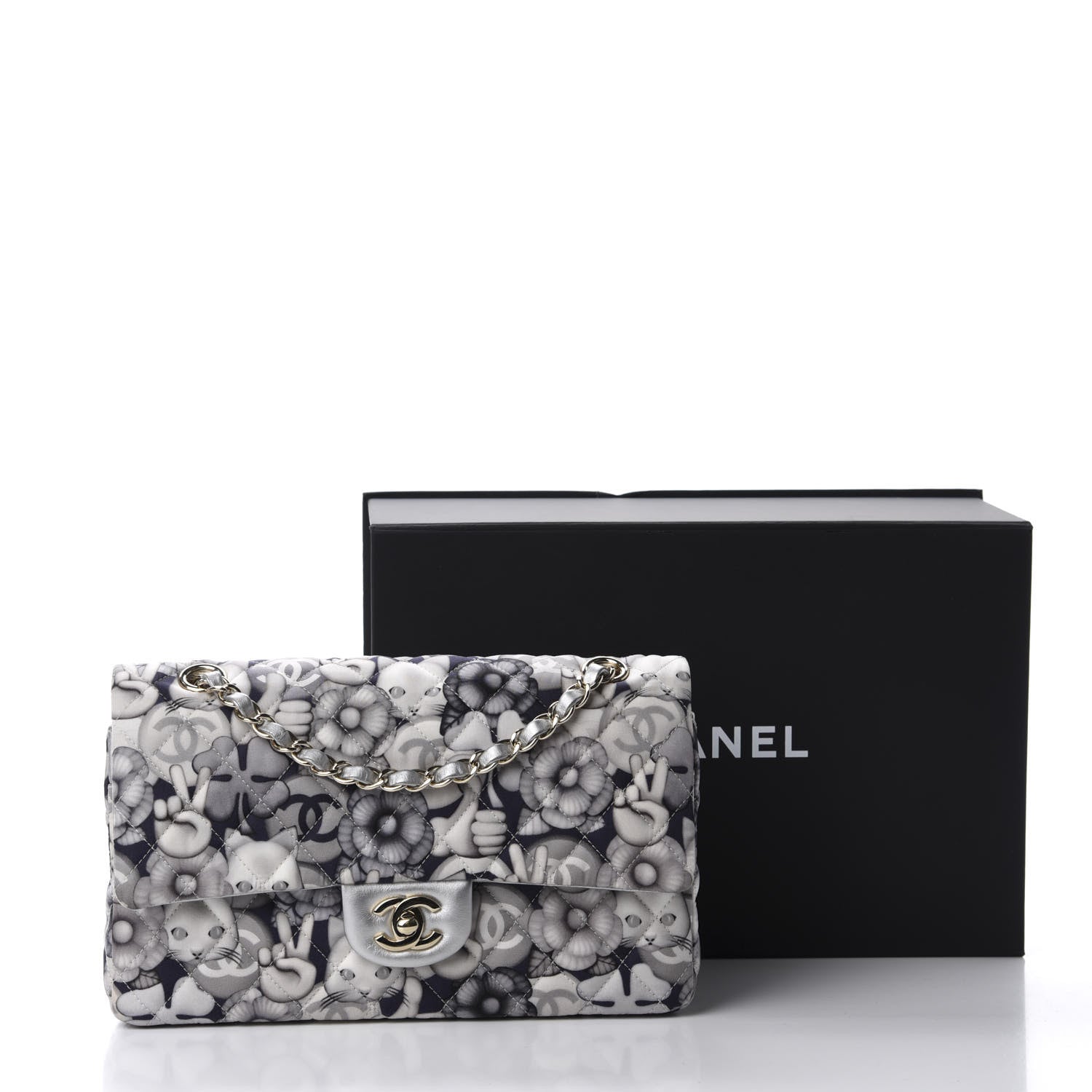 Chanel Nylon Quilted Medium Cat Emoticon Double Flap Navy Grey Ecru 12 of 12