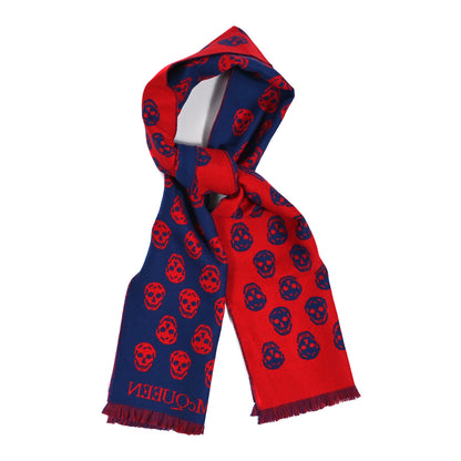 Alexander McQueen Wool Reversible Upside Down Skull Scarf Blue Red 1 of 3