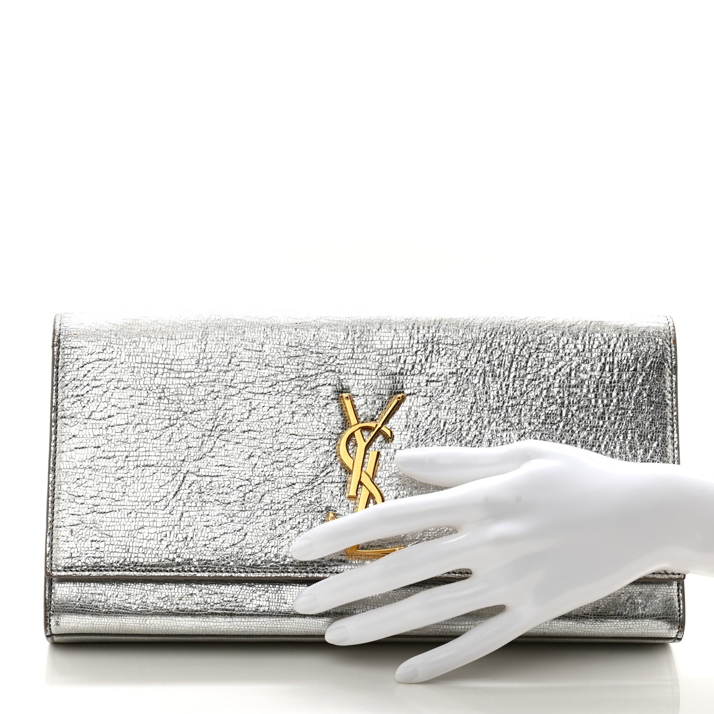 Textured Metallic Calfskin Classic Monogram Cassandre Clutch Silver