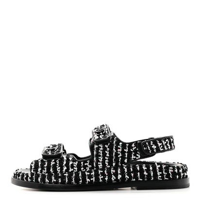 Chanel Tweed Lambskin Dad Sandals 37.5 Black White 1 of 8