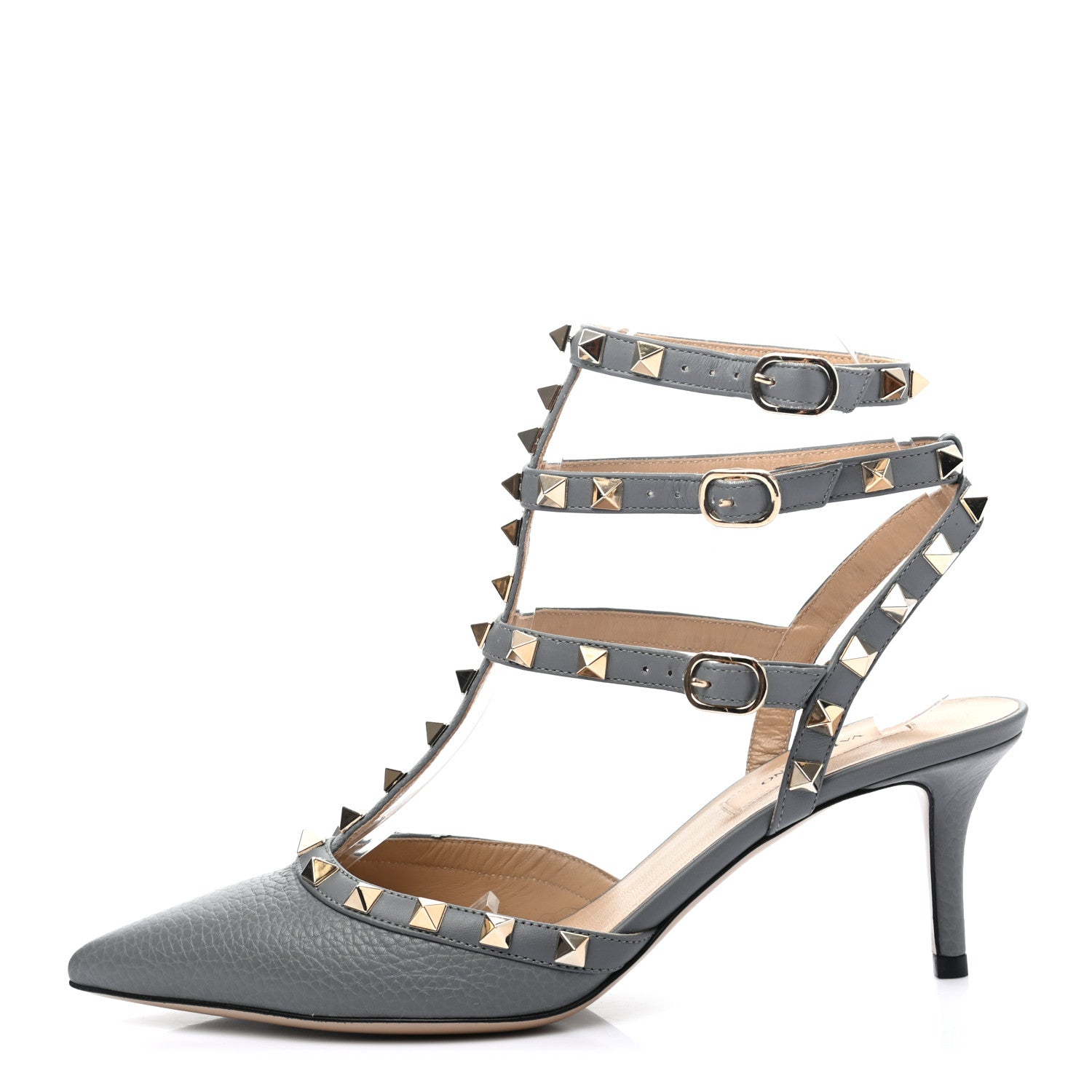 Valentino Garavani Pebbled Calfskin Rockstud Ankle Strap Low Heel Pumps 38.5 Light Stone 1 of 10