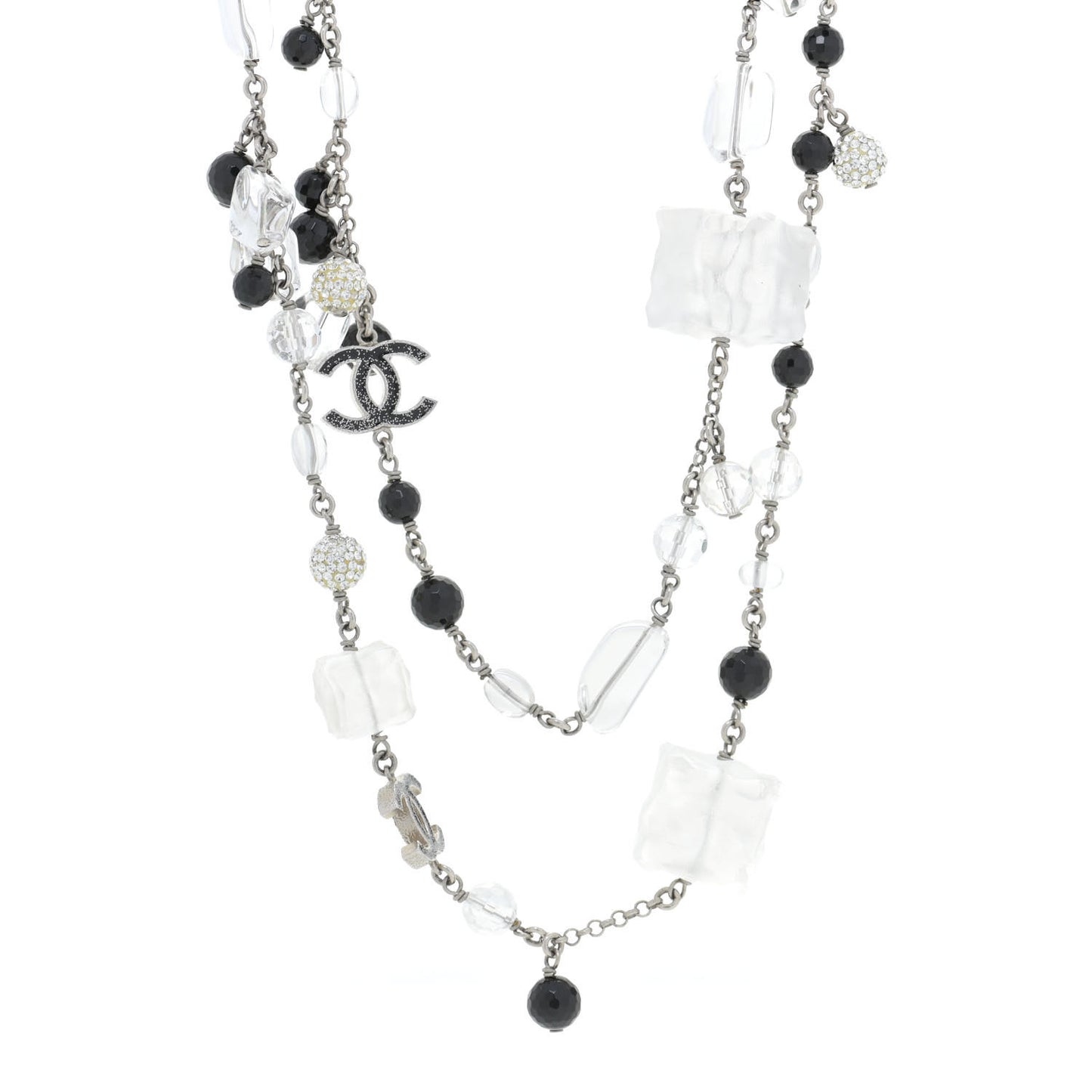 Crystal Beaded CC Necklace Silver Black