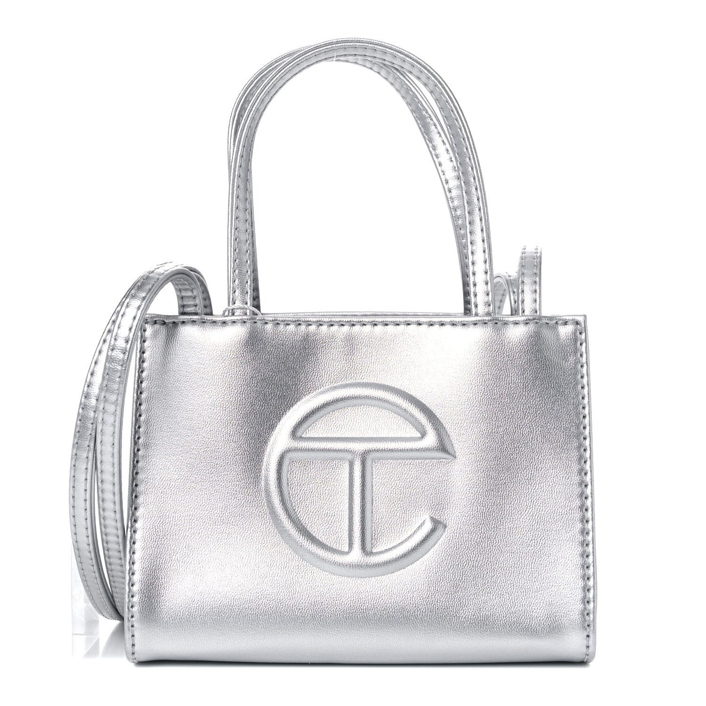Metallic Vegan Leather Small Shopping Bag Silver