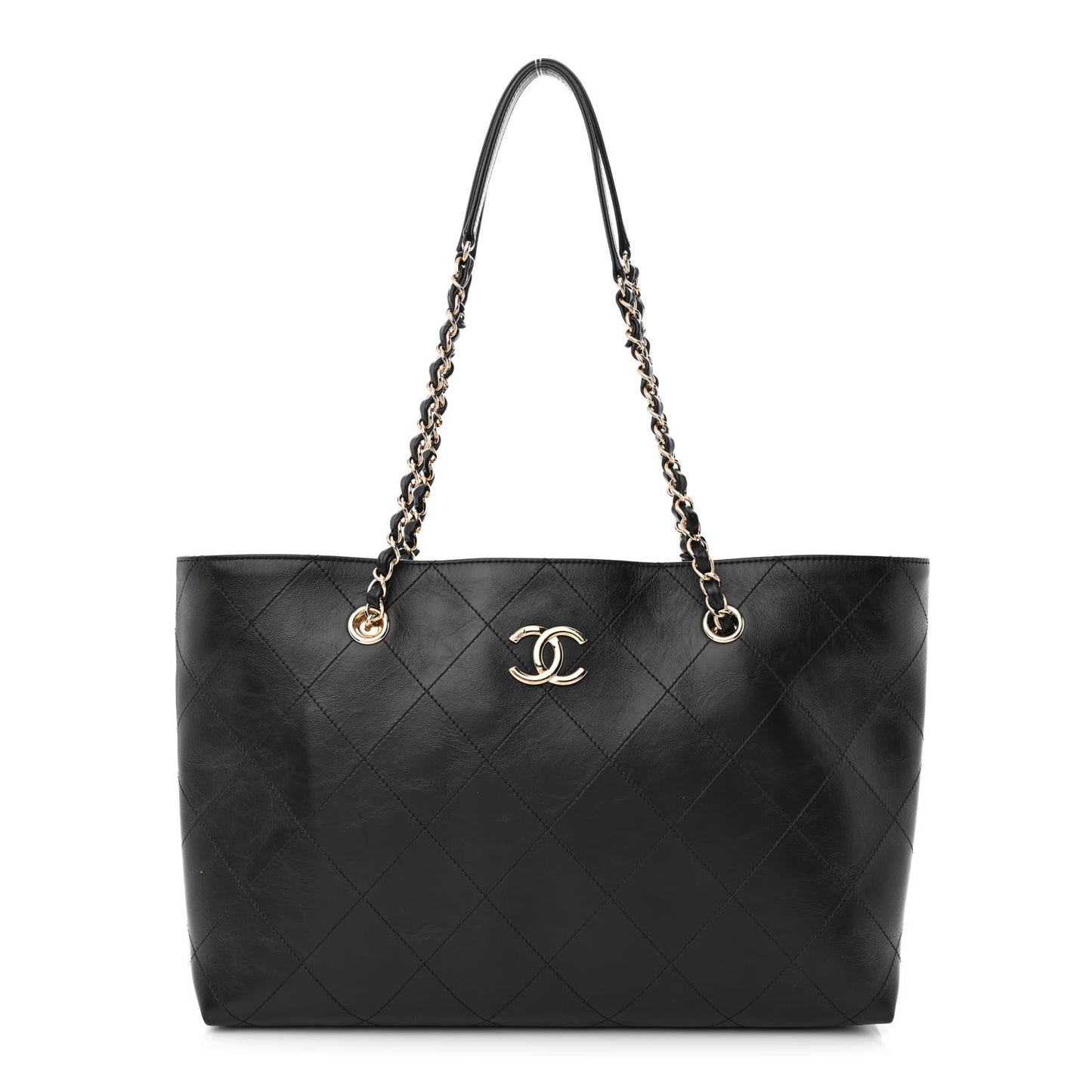 Glazed Calfskin Stitched Shopping Tote Black