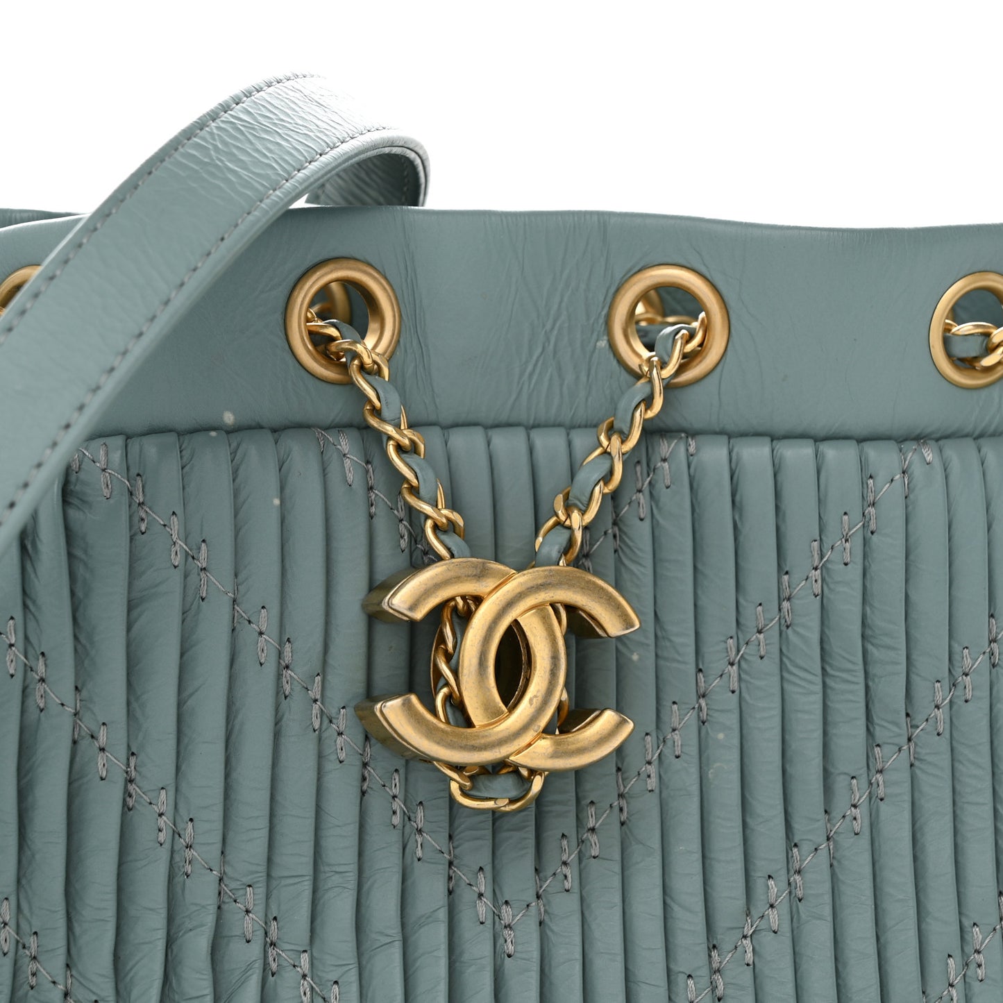 Crumpled Calfskin Coco Pleats Drawstring Bag Blue