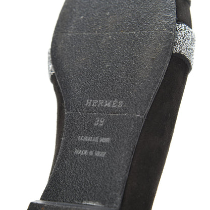 Hermes Suede Goatskin Crystal Roxane Mules 39 Gris Argente Black 7 of 11