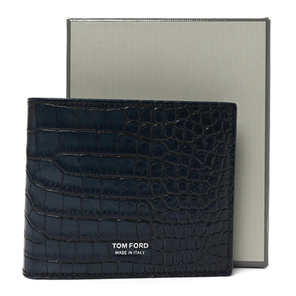 Tom Ford Glossy Calfskin Crocodile Embossed T Line Classic Bi-Fold Wallet Ink 7 of 7