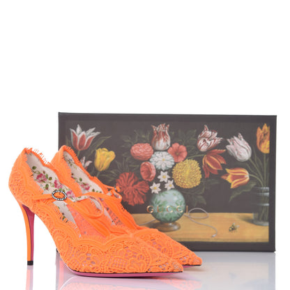 Gucci Lace Pizzo Venice Pumps 39.5 Orange Fluo Mystic White 8 of 8
