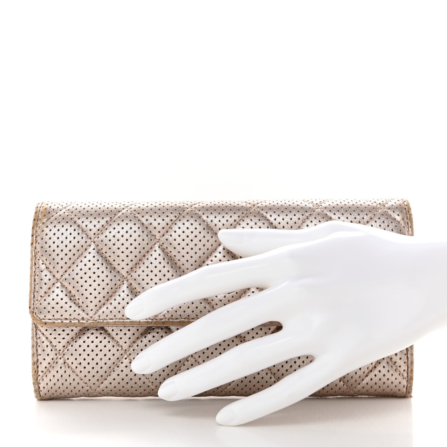 Metallic Perforated Lambskin Quilted Large Gusset Flap Wallet Light Pink