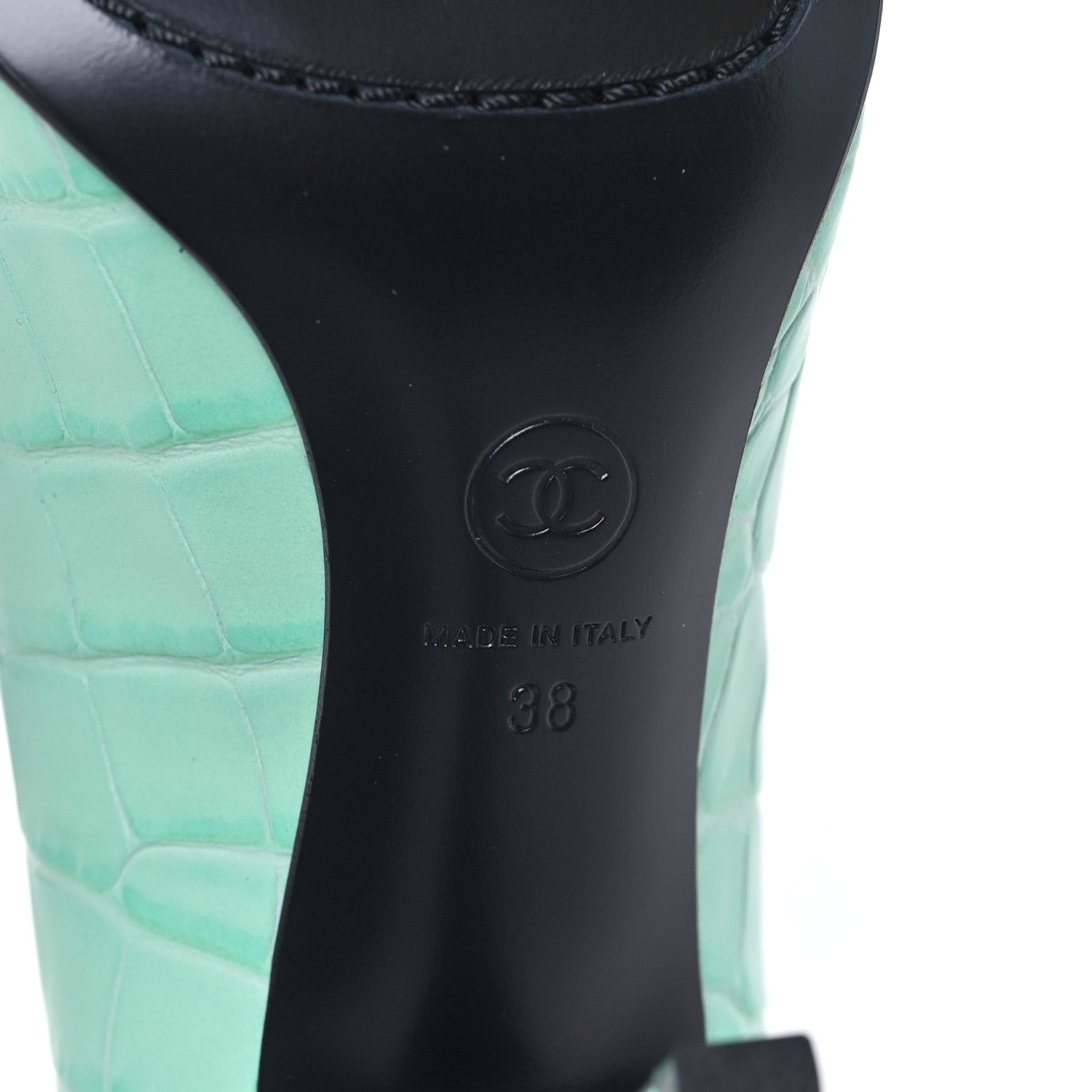Chanel Crocodile Embossed Patent Calfskin Pumps 38 Green Black 7 of 10