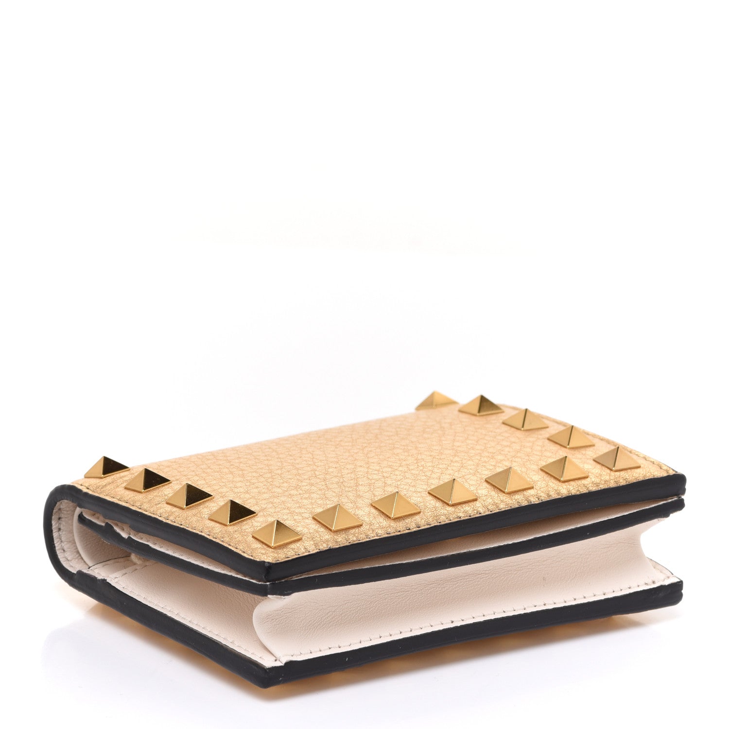 Valentino Garavani Metallic Pebbled Calfskin Rockstud French Flap Wallet Antique Brass 4 of 7