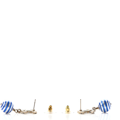 Chanel Resin Pearl Striped CC Drop Earrings Blue Gold 3 of 4