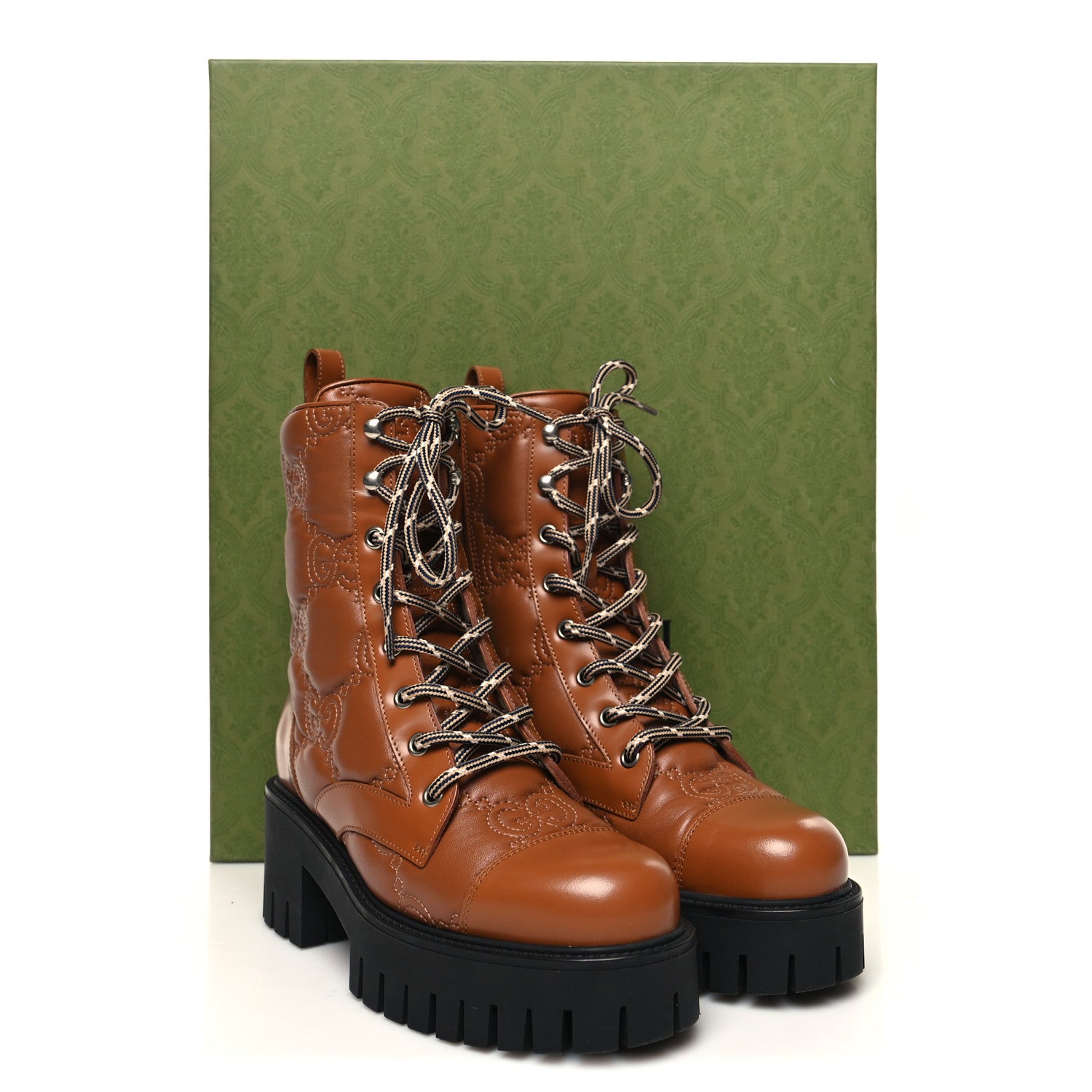 Gucci Cordovan Lux Nappa GG Matelasse Lace Up 60mm Combat Boots 36 Dark Hazel Brown 9 of 9