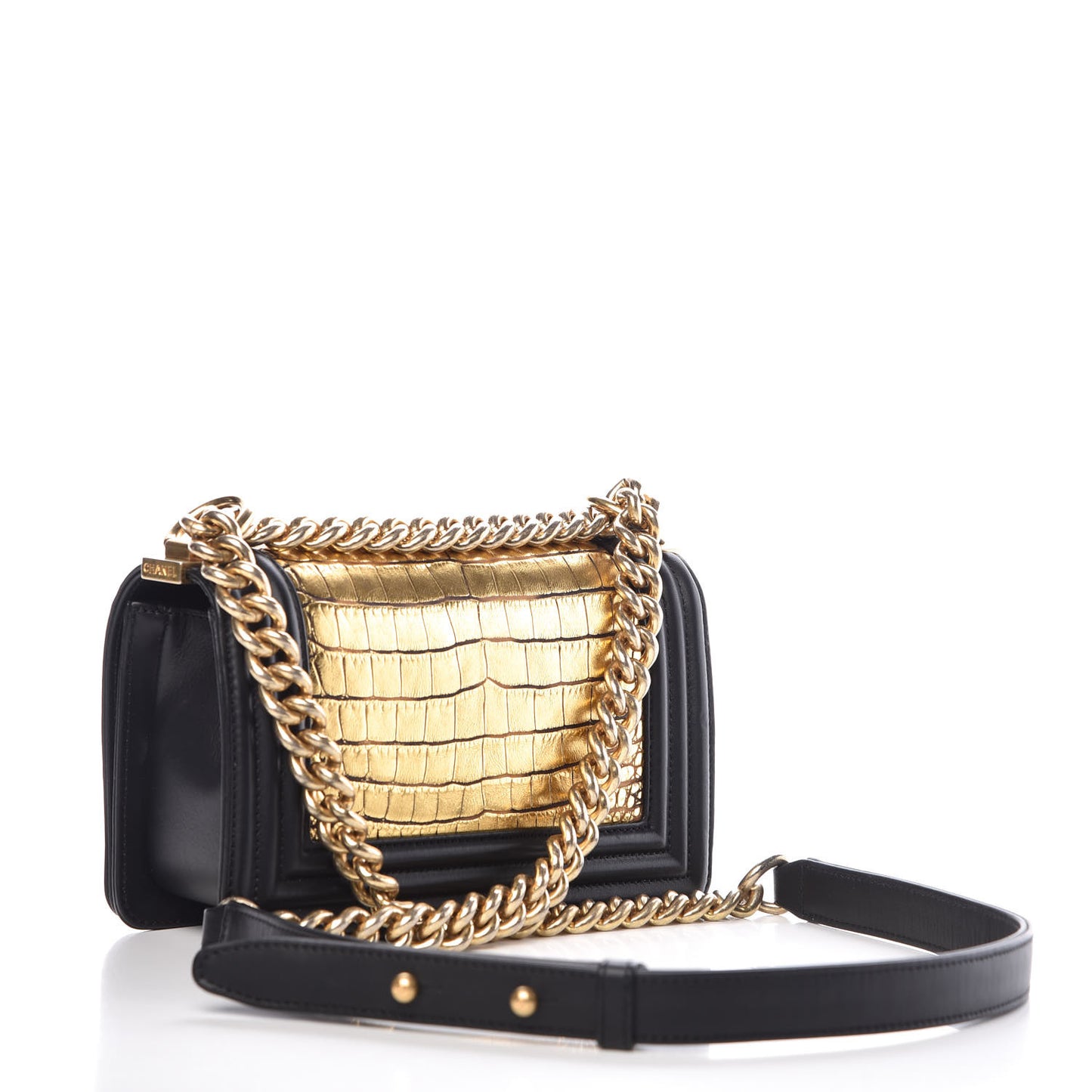 Metallic Alligator Small Boy Flap Black Gold