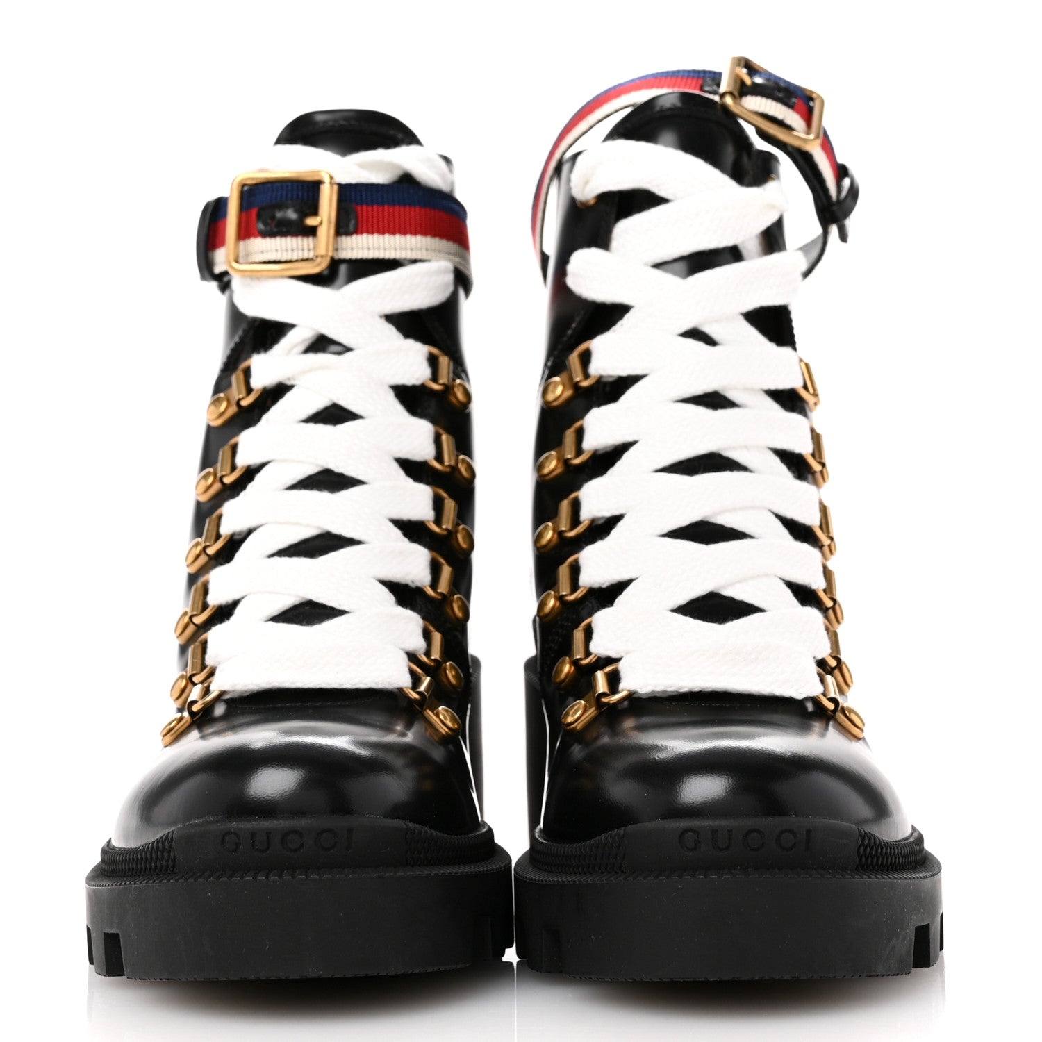 Gucci Calfskin Sylvie Web Womens Lace Up Combat Boots 35 Black 3 of 10