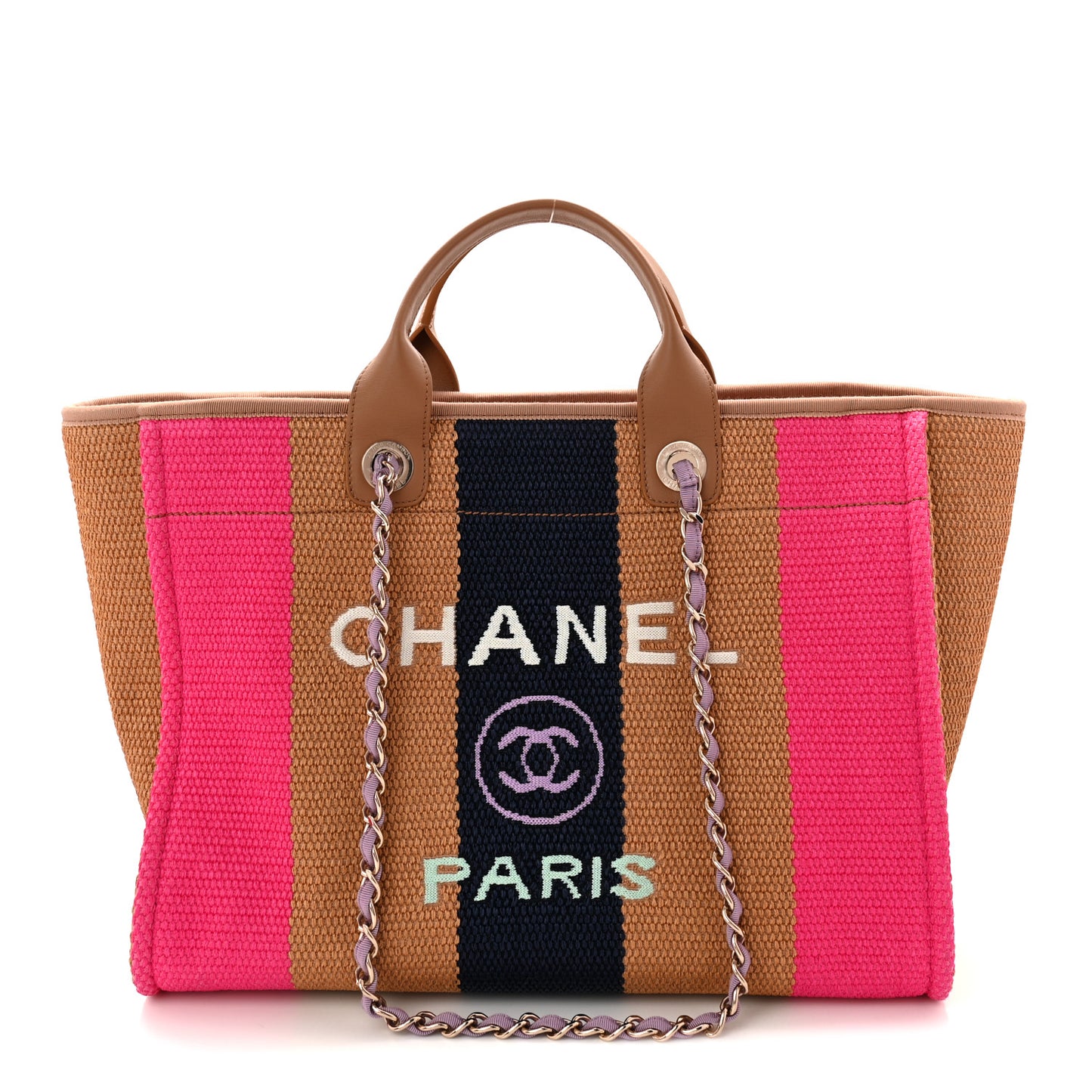 Straw Raffia Calfskin Striped Medium Deauville Tote Dark Beige Fuchsia Navy Blue