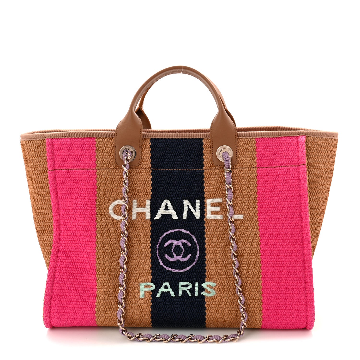 Chanel Straw Raffia Calfskin Striped Medium Deauville Tote Dark Beige Fuchsia Navy Blue 1 of 10