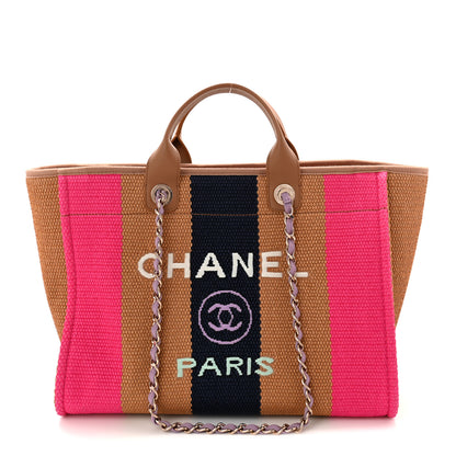 Chanel Straw Raffia Calfskin Striped Medium Deauville Tote Dark Beige Fuchsia Navy Blue 1 of 10