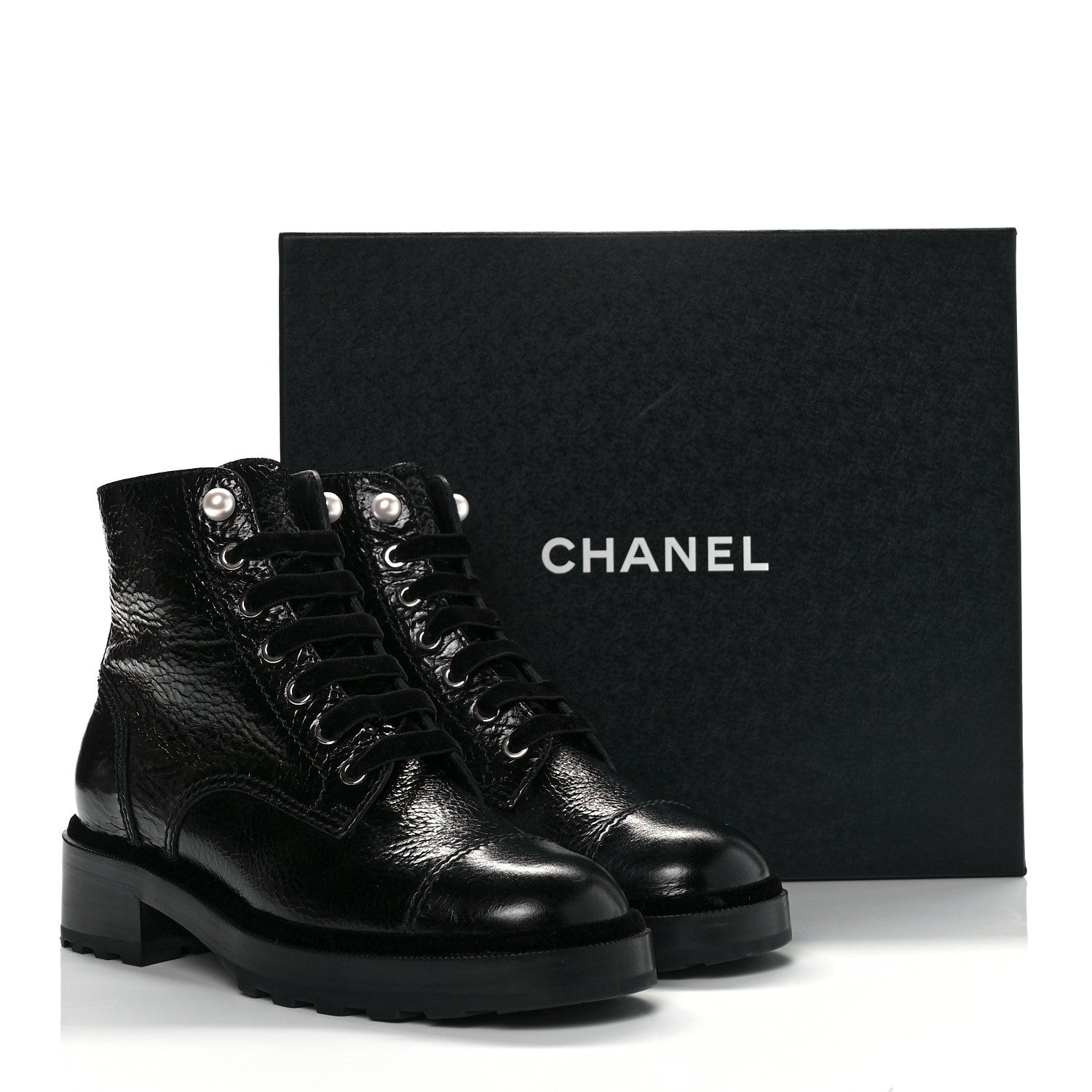 Chanel Shiny Calfskin Velvet Pearl Combat Short Boots 38.5 Black 8 of 8