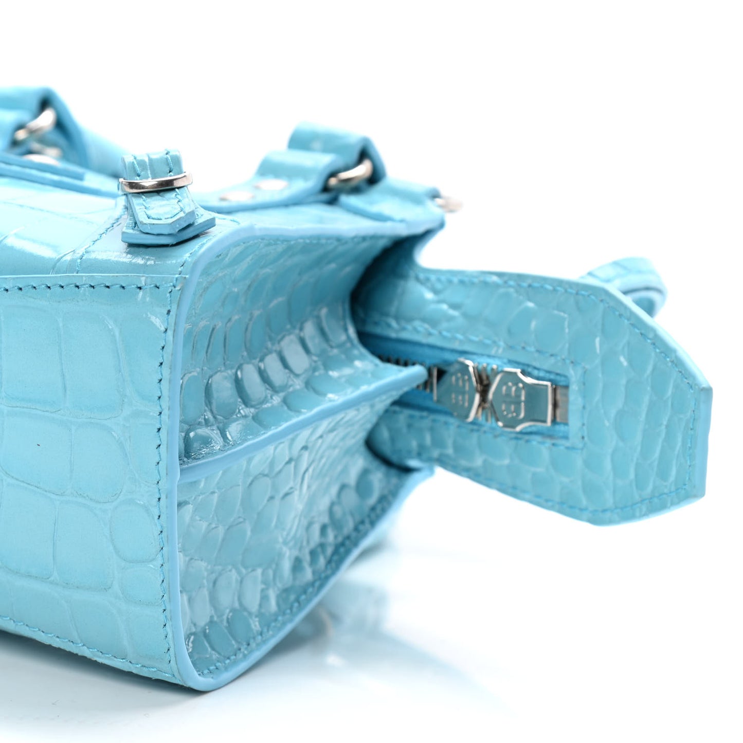 Calfskin Crocodile Embossed Neo Classic Silver Hardware Nano City Crossbody Azur