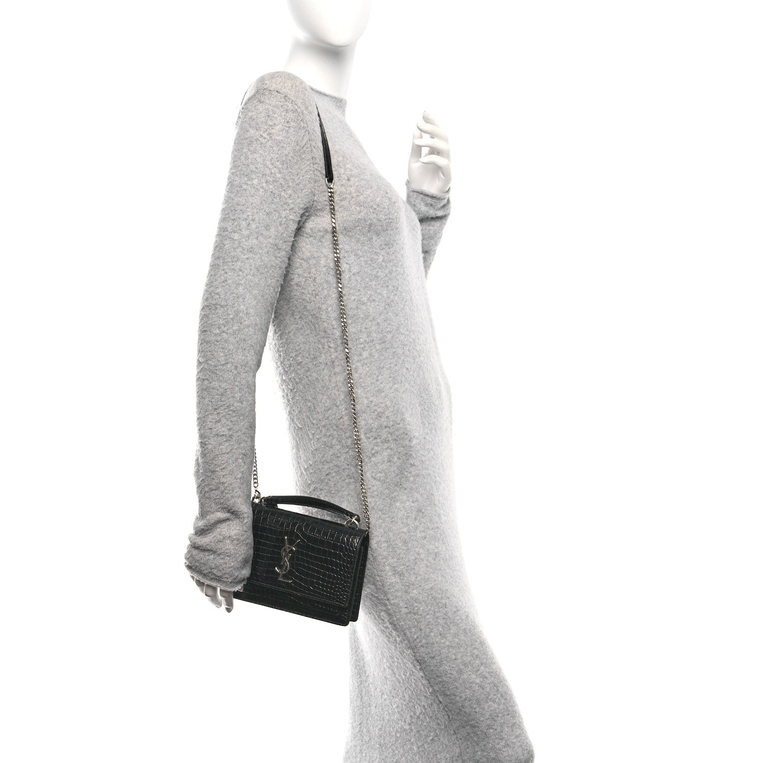 Saint Laurent Calfskin Crocodile Embossed Monogram Sunset Top Handle Chain Wallet Black 2 of 9