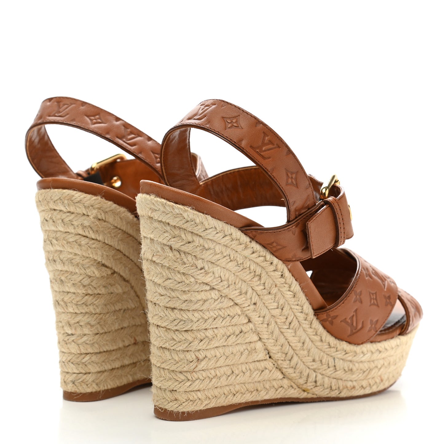 Calfskin Monogram Embossed Espadrille Wedge Sandals 36.5 Cognac