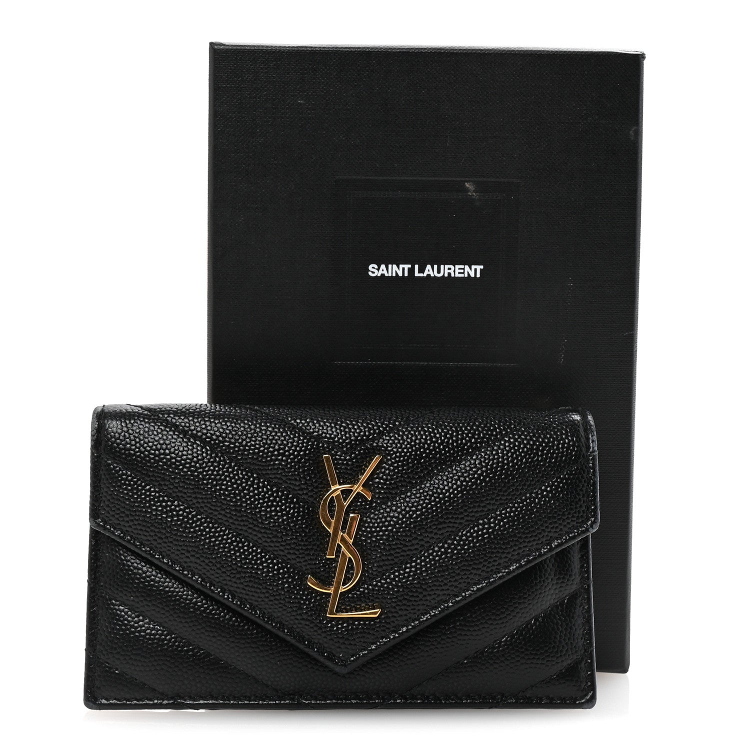 Saint Laurent Grain De Poudre Matelasse Chevron Monogram Compact Wallet Black 7 of 7