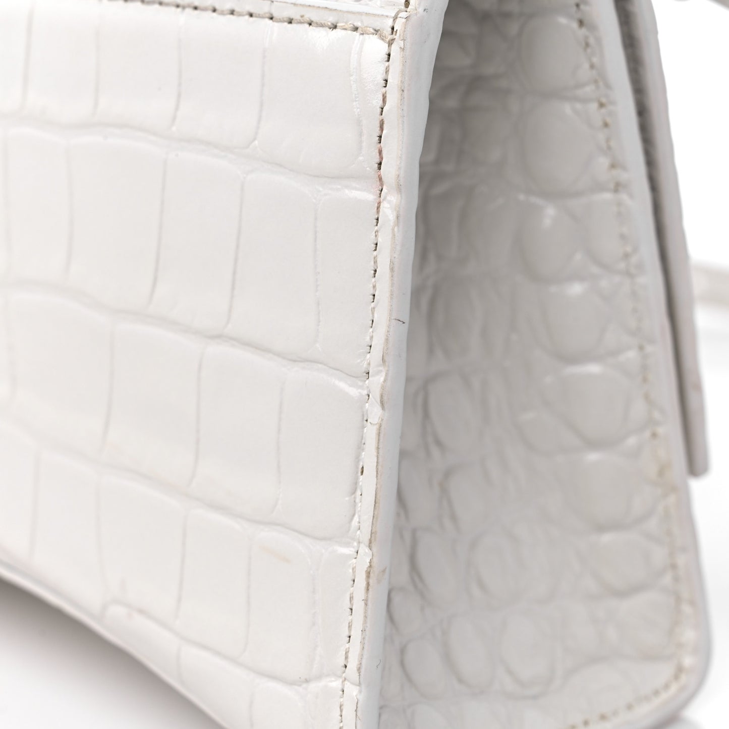 Shiny Calfskin Crocodile Embossed Hourglass Top Handle Bag XS White