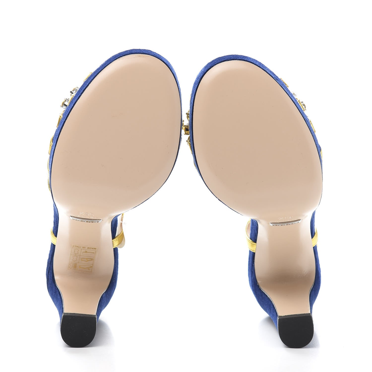 Gucci Velvet Nappa Crystal Zephyra Slingback Platform High Heel Sandals 35.5 Blue Gold 5 of 8