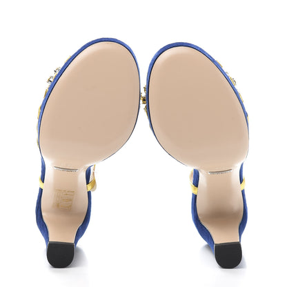 Gucci Velvet Nappa Crystal Zephyra Slingback Platform High Heel Sandals 35.5 Blue Gold 5 of 8