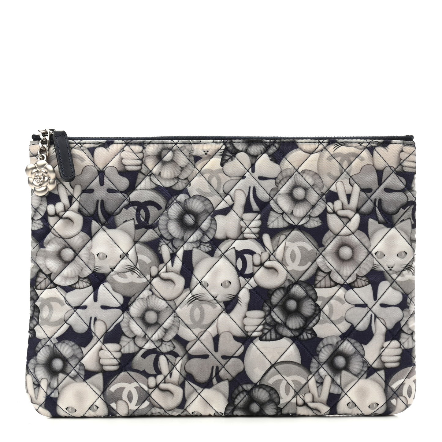 Nylon Quilted Medium Cat Emoticon Cosmetic Case Navy Grey Ecru
