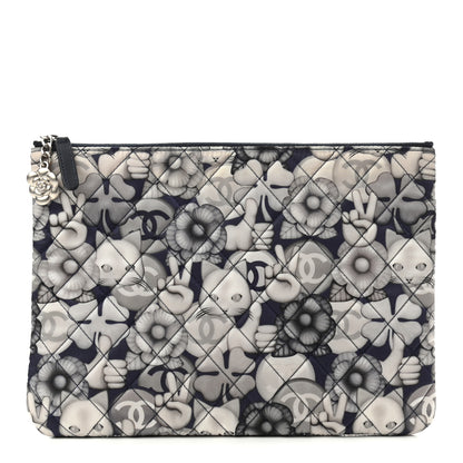 Chanel Nylon Quilted Medium Cat Emoticon Cosmetic Case Navy Grey Ecru 1 of 7