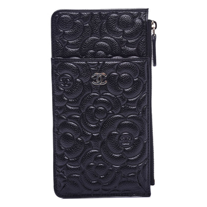 Chanel Caviar Camellia Embossed Classic Flat Wallet Pouch Black 1 of 8