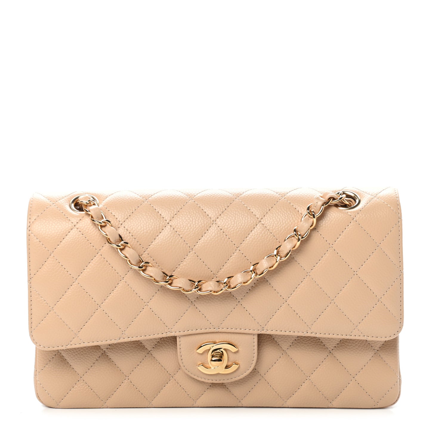 Caviar Quilted Medium Double Flap Beige