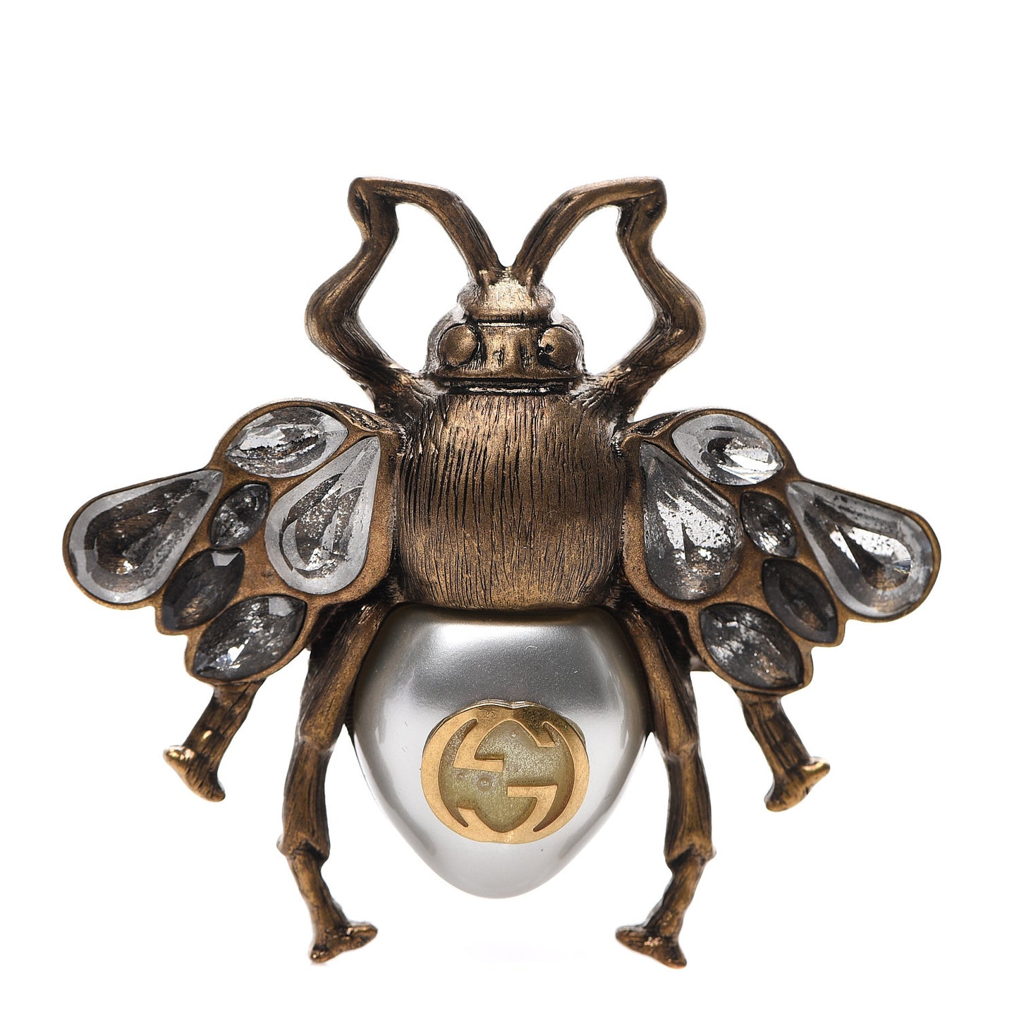 Metal Crystal Pearl Bee Multifinger Ring Aged Gold