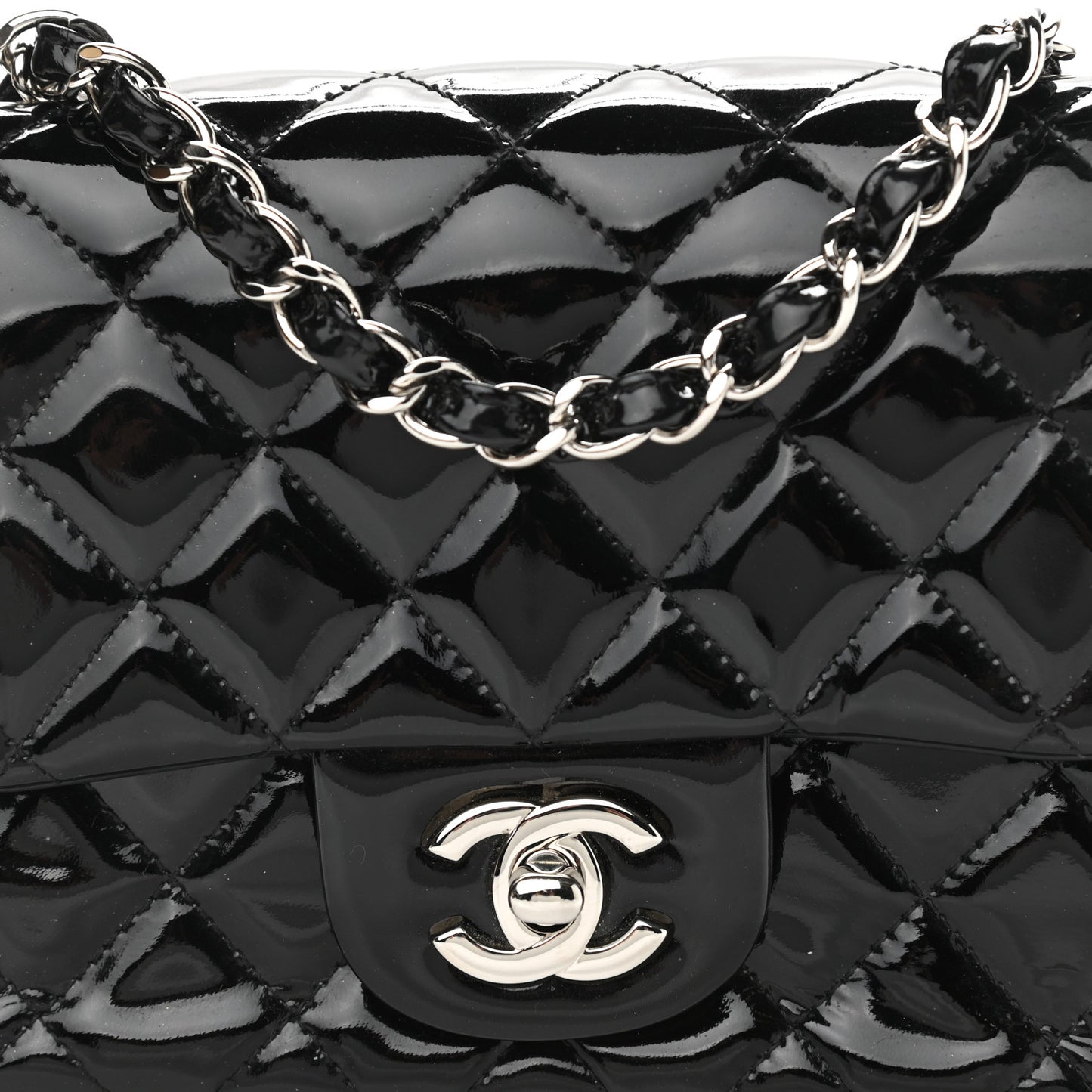 Patent Calfskin Quilted Mini Square Flap Black