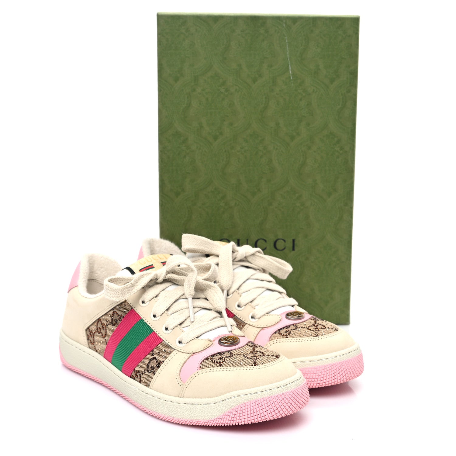 Gucci Calfskin GG Supreme Crystals Web Screener Sneakers 38 Beige Ebony Wild Rose 8 of 8