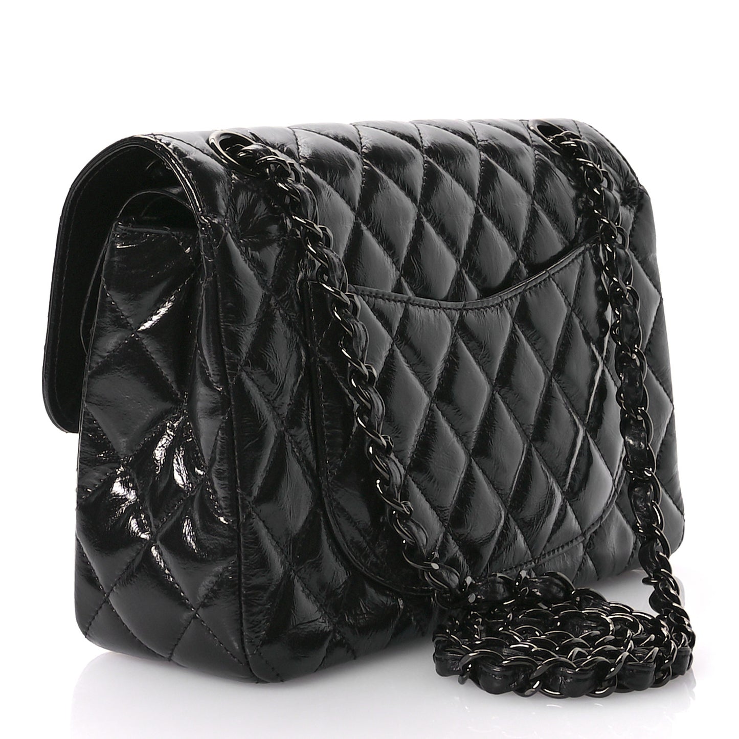 Shiny Crumpled Calfskin Quilted Small Double Flap So Black