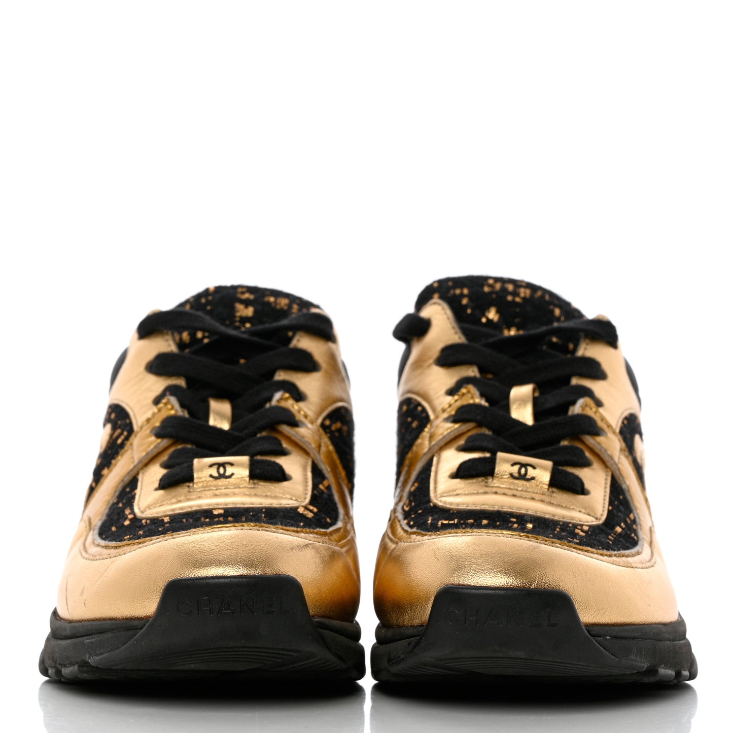 Satin Lambskin Fabric Tweed CC Sneakers 37 Gold Black