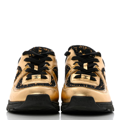 Chanel Satin Lambskin Fabric Tweed CC Sneakers 37 Gold Black 2 of 12