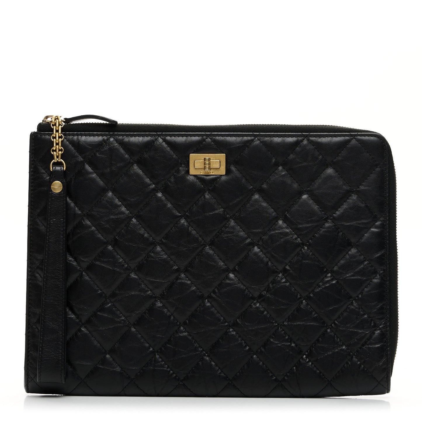 Aged Calfskin Quilted 2.55 Reissue Pouch With Handle Black