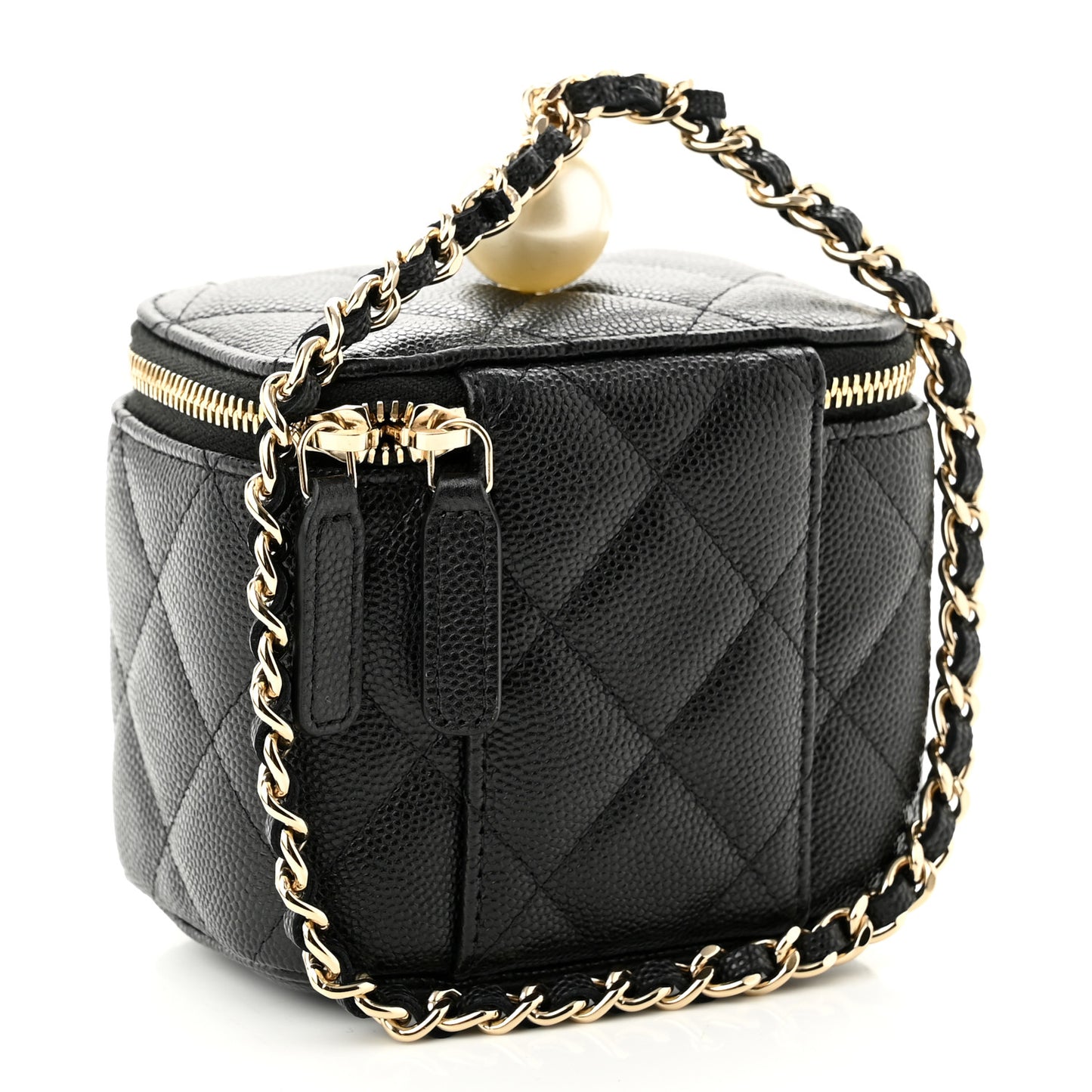 Caviar Quilted Mini Pearl On Top Vanity Case With Chain Black