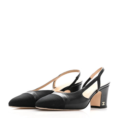 Chanel Goatskin Grosgrain Cap Toe CC Slingback Pumps 35 Black 4 of 13
